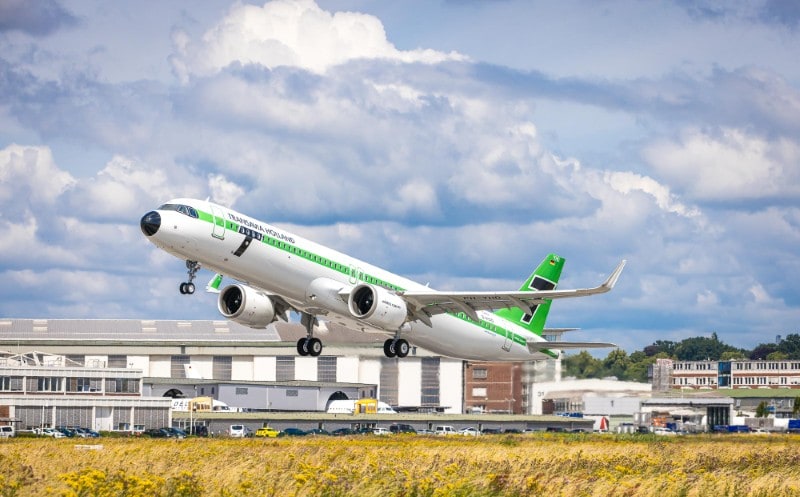 The new Transavia Airbus just after taking off from the runway.