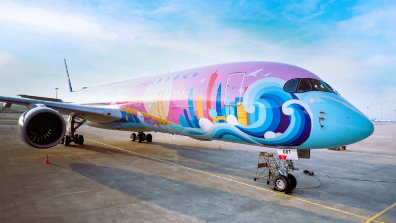 The China Southern Airlines’ Airbus A350 featuring the new themed livery showcasing iconic symbols from the Greater Bay Area in vibrant colors.