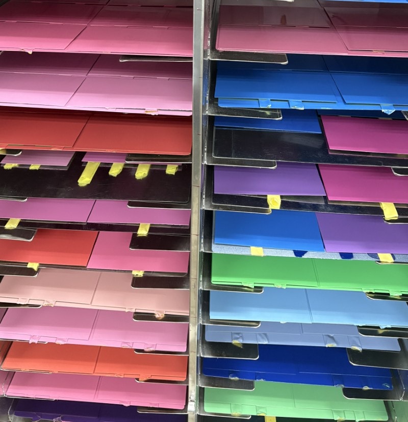 Rows of various color samples created during the development of custom colors for this special livery.