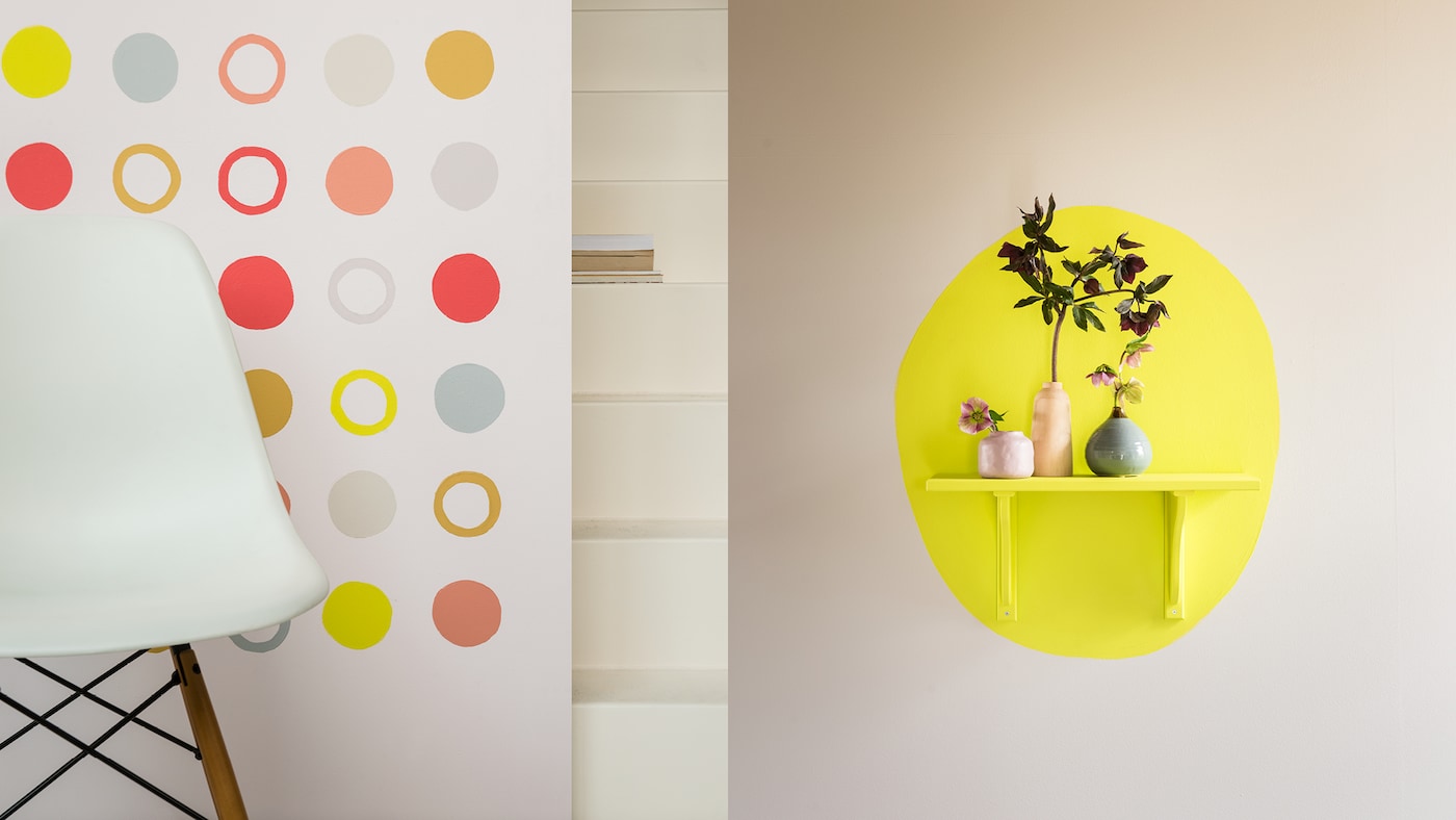 Des cercles de peinture de couleurs différentes font un excellent décor pour un mur d'accent.