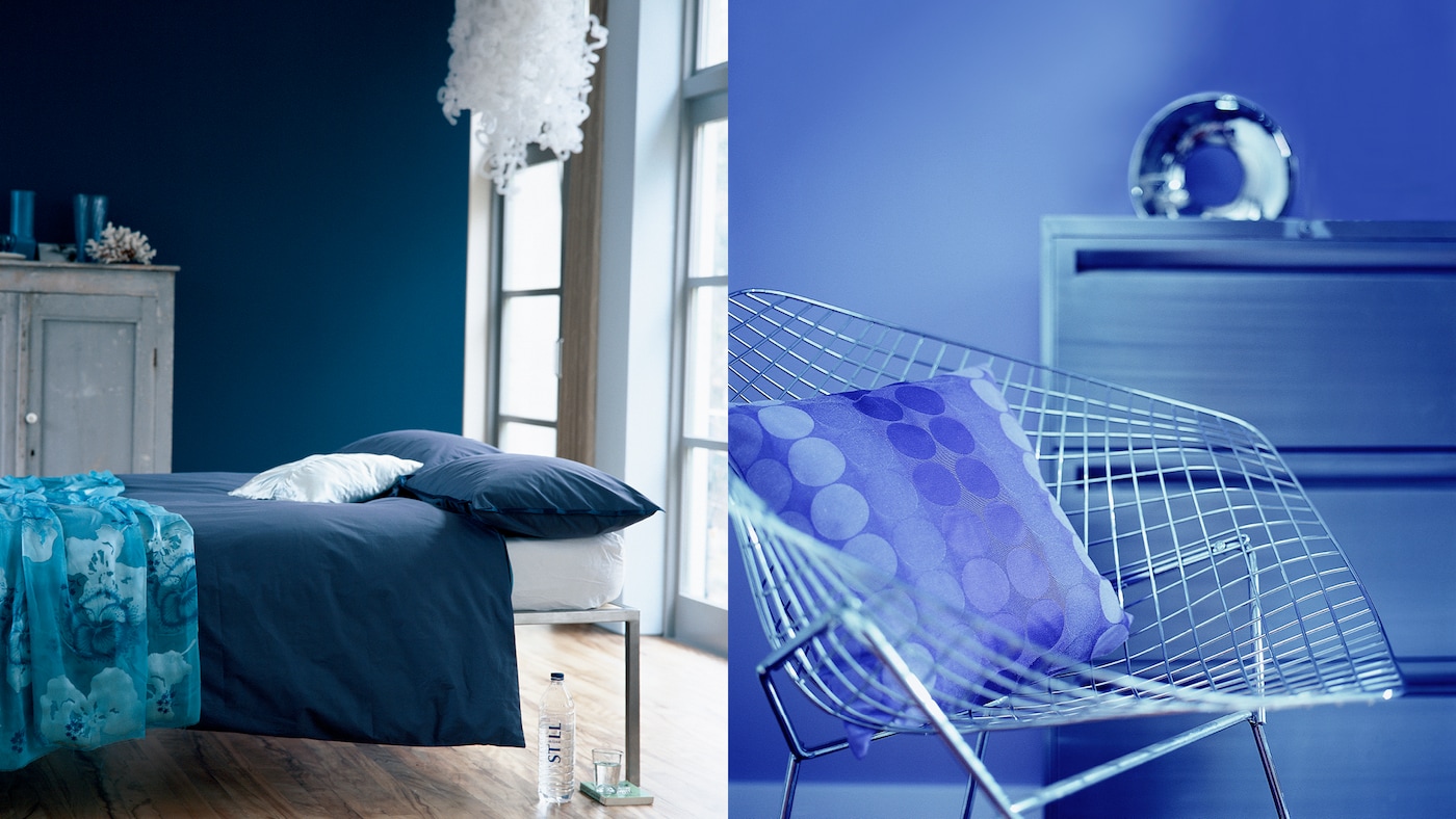 Inspirez-vous du ciel nocturne et peignez vos murs en un bleu plus sombre pour une chambre mystérieuse qui est en même temps, accueillante et confortable.