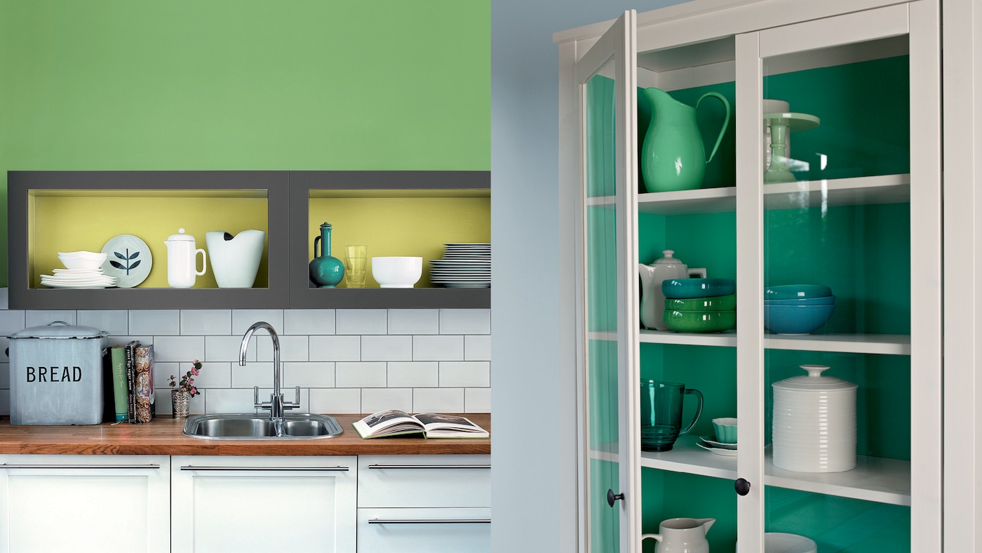 Sentuhan warna terang di bagian dalam lemari dapur dijamin dapat memberi senyuman di wajah Anda ketika Anda membukanya.