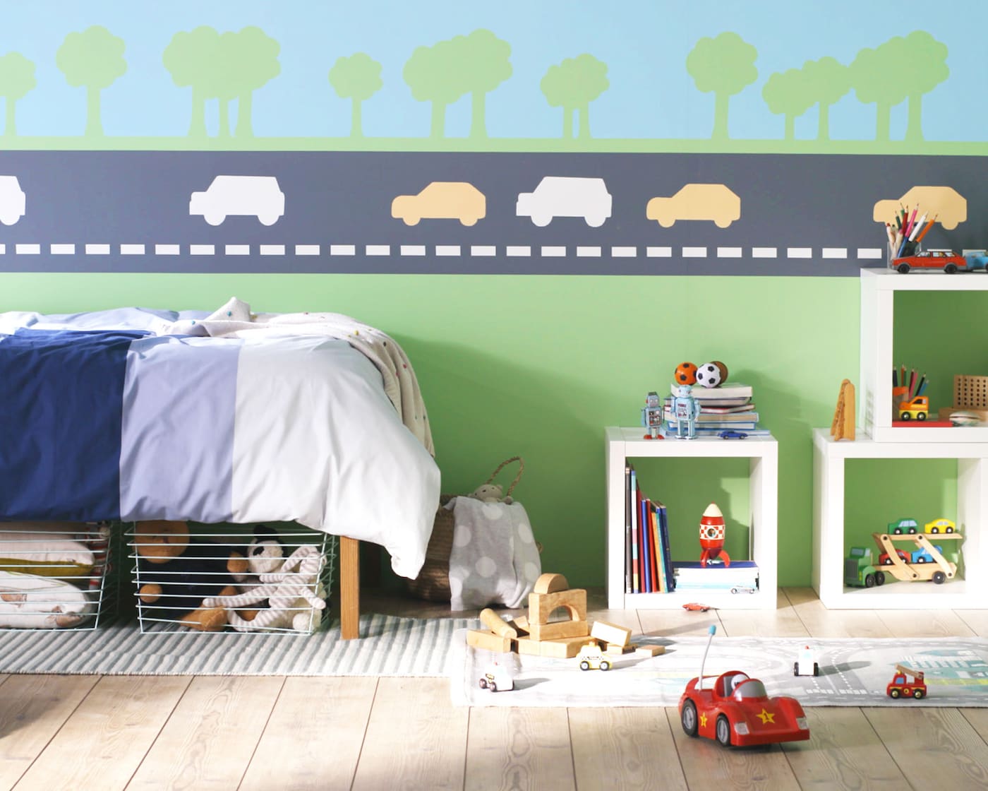 Create a car-themed bedroom for your boy with stripes and stencils