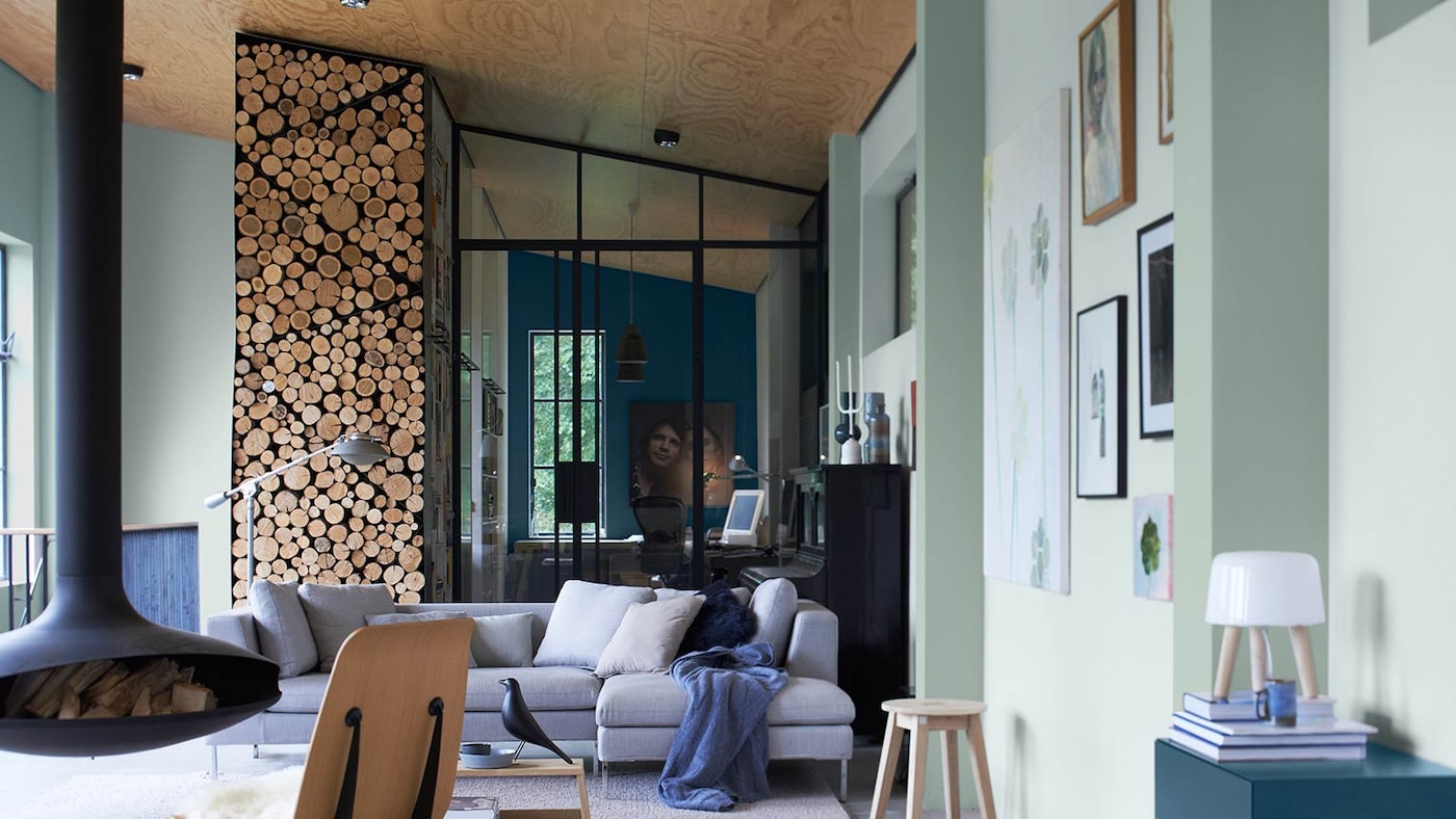 Ambiance design Scandinave salon peinture Pure couleurs Pétrole et Bois