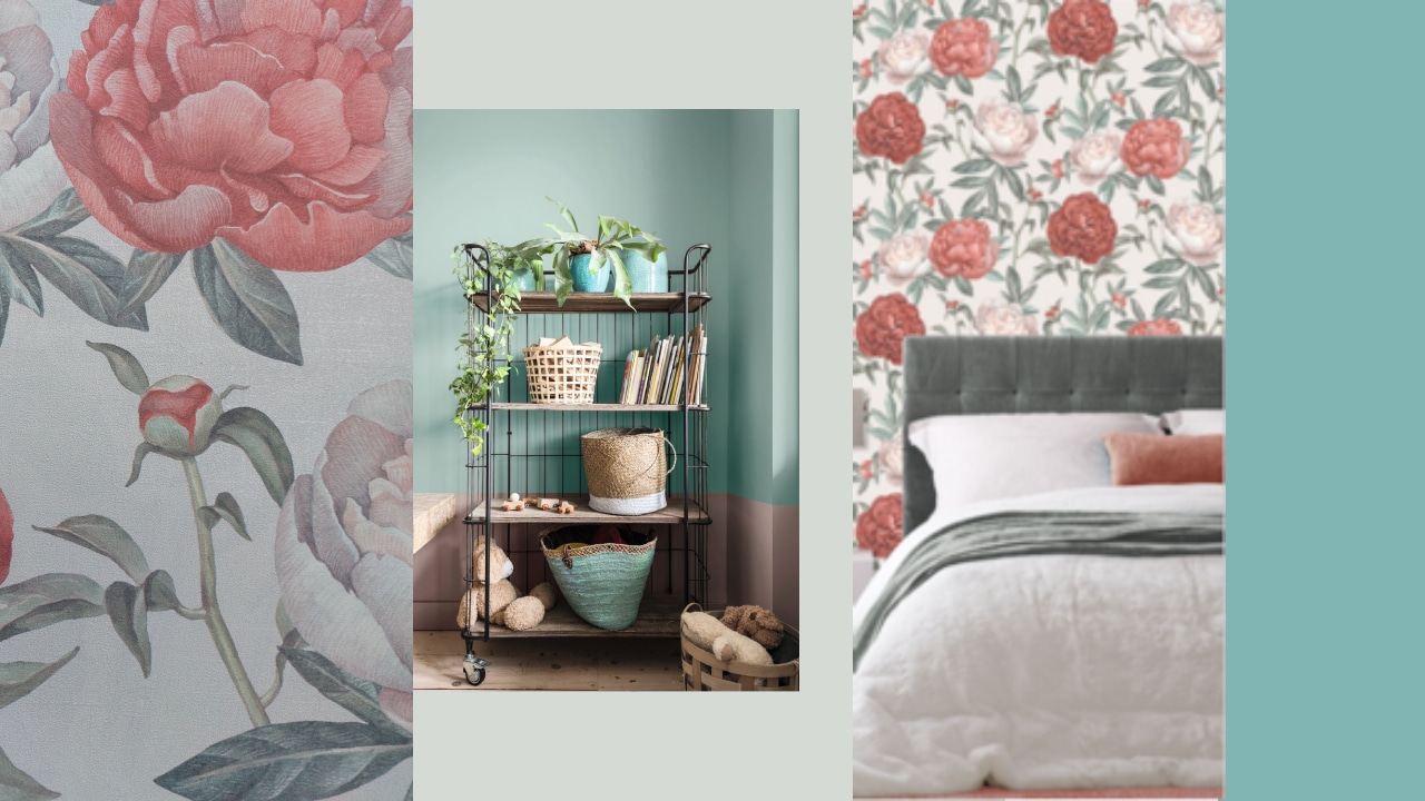 Un papier peint au motif fleuri style anglais eavec une touches de couleurs vives et pastels égayeront votre décoration