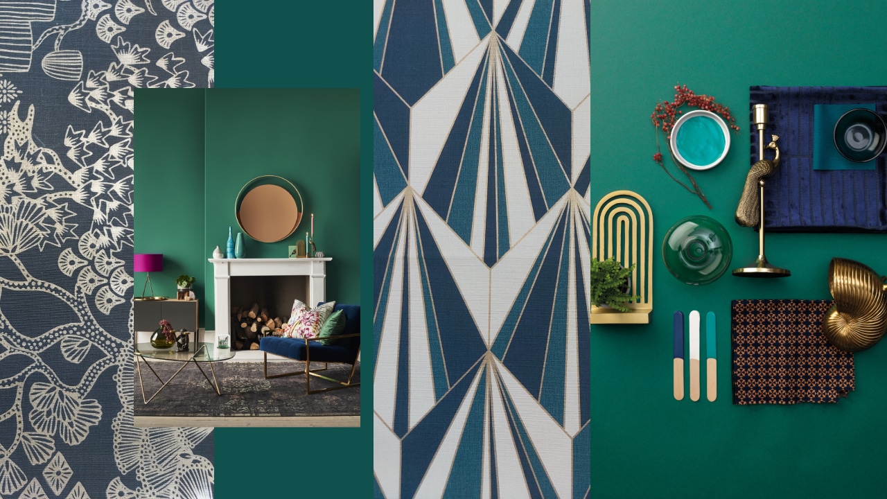 Un vert Emeraude à la fois profond et lumineux qui saura mettre en valeur le motif de votre papier peint. Et agrémentez de ponctuelles métalliques bronze ou dorée ainsi que des accessoires en velours bleu pour parfaire votre ambiance chic et enveloppante