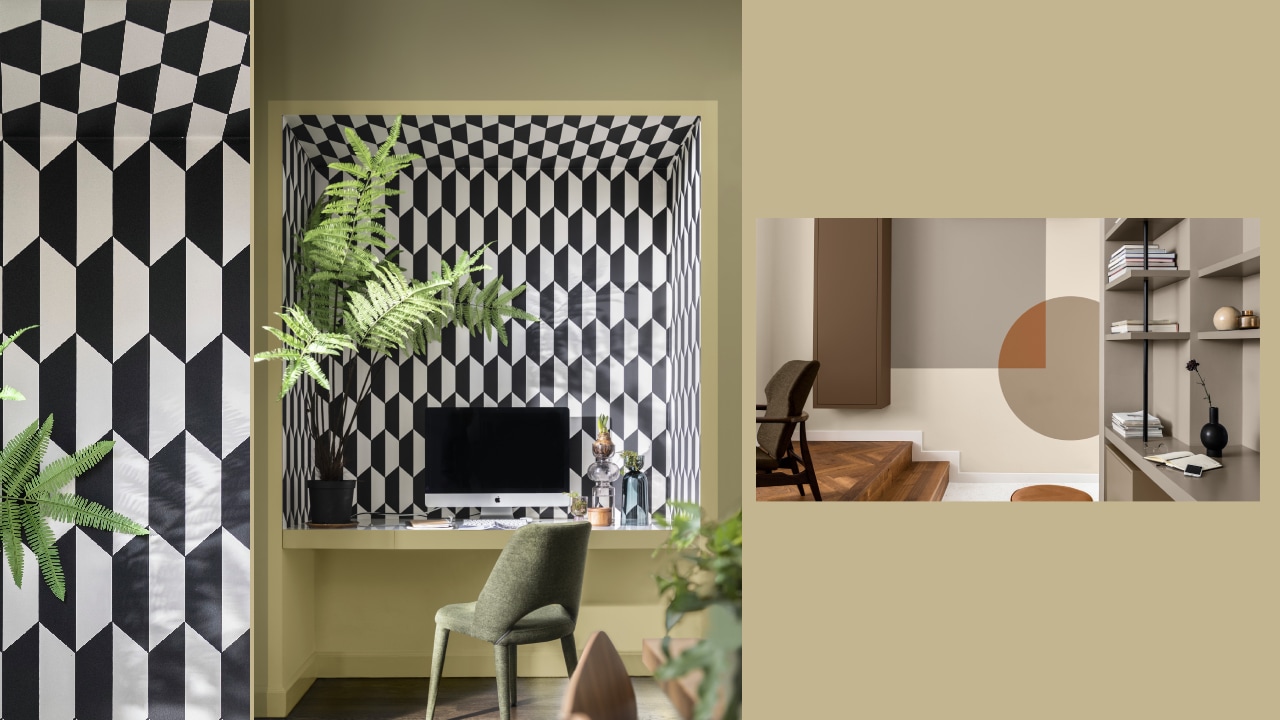 Associé le à BAMBOU, couleur de l'année 2023, elle permet de calmer l'effet visuel du papier peint et vient instaurer une ambiance de plénitude chaleureuse propice au travail.