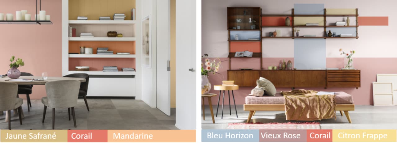 Dans une salle à manger, faites ressortir des étagères intégrées avec une palette mixant Jaune Safrané, Corail et Mandarine et insuffler une ambiance ludique et chaleureuse propice à la convivialité.