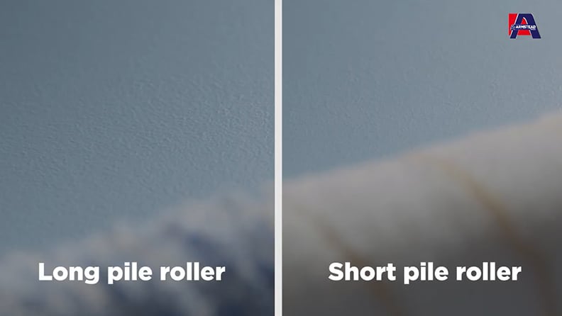 Split-screen comparison showing paint texture differences between "Long pile roller" (left, textured finish) and "Short pile roller" (right, smooth finish) with the Armstead logo in the corner.