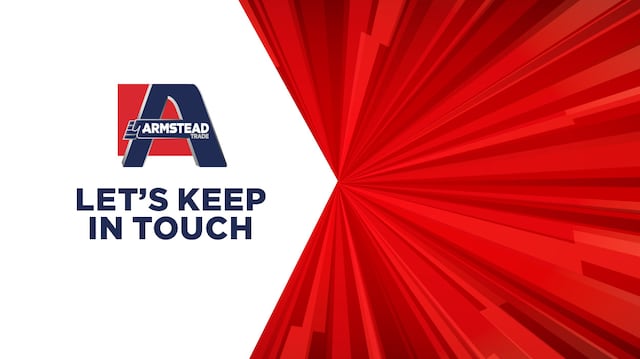 Armstead Trade logo with "LET'S KEEP IN TOUCH" text on a white and red radiating sunburst background design.