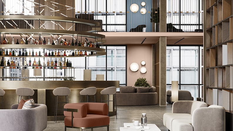 Restaurantlounge/bar med ferskenfarvede og blå vægge