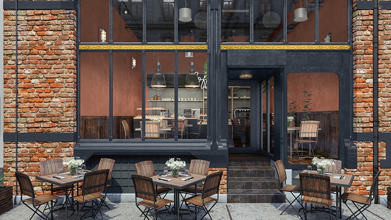 En gårdhave til en restaurant Igennem vinduerne kan vi se de indvendige vægge, der er malet i en dyb rød farve.