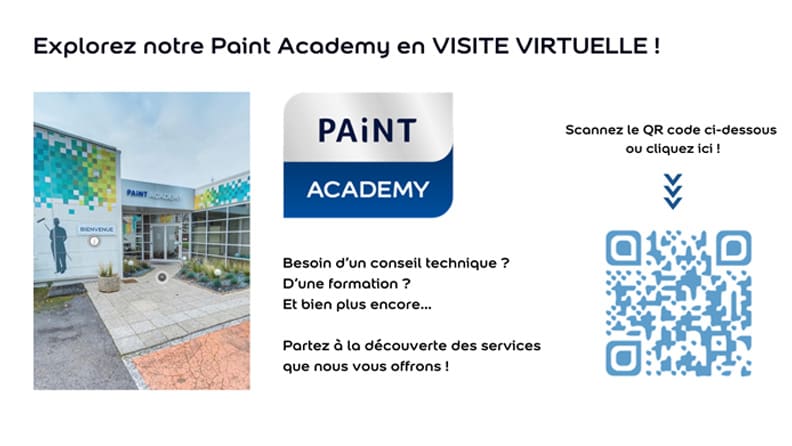 Promotion de la Paint Academy avec visite virtuelle, montrant le bâtiment moderne de l'académie, logo Paint Academy, texte promotionnel et code QR pour accéder aux services.