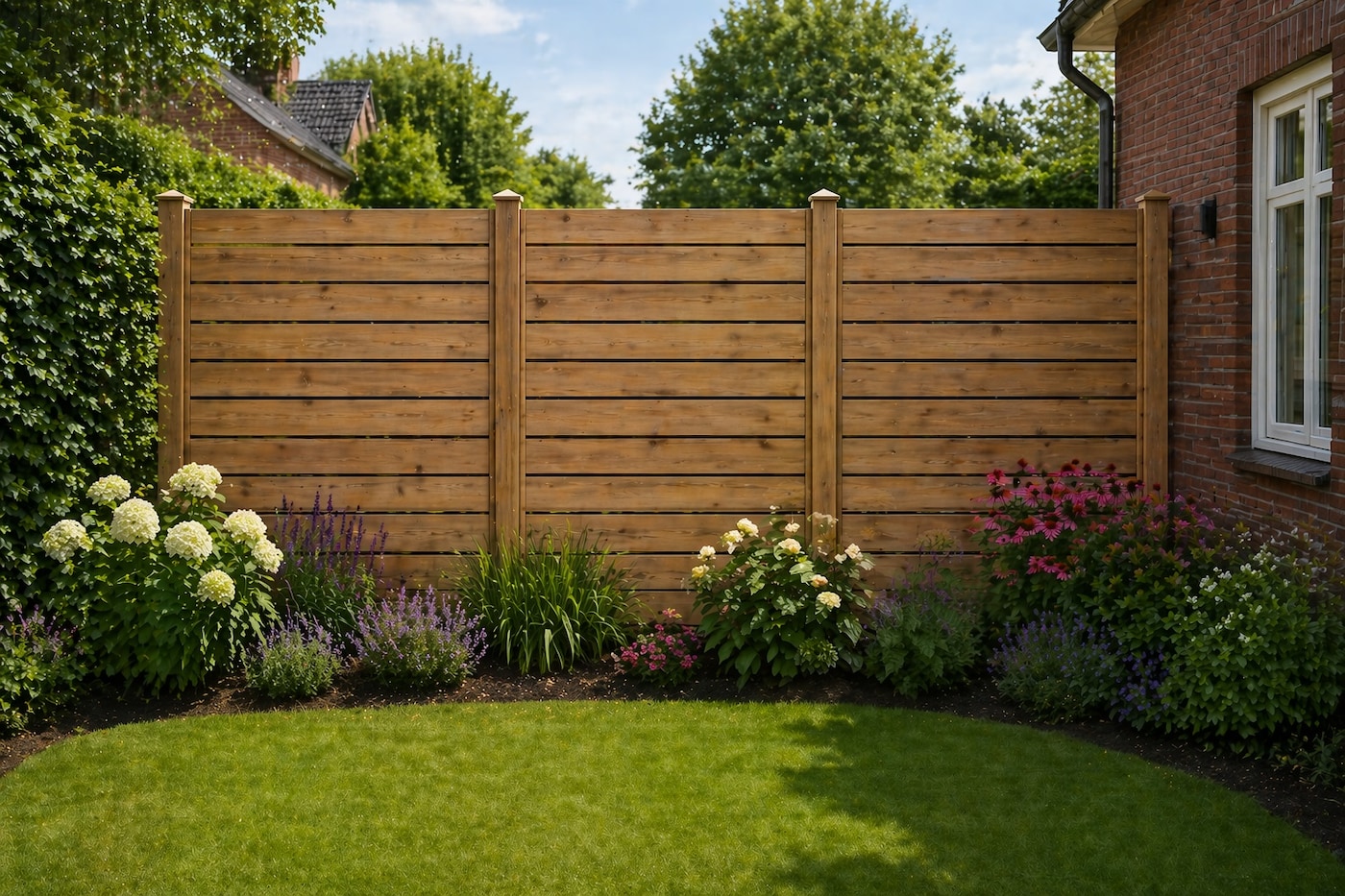 Schutting met transparante beits en grasveld