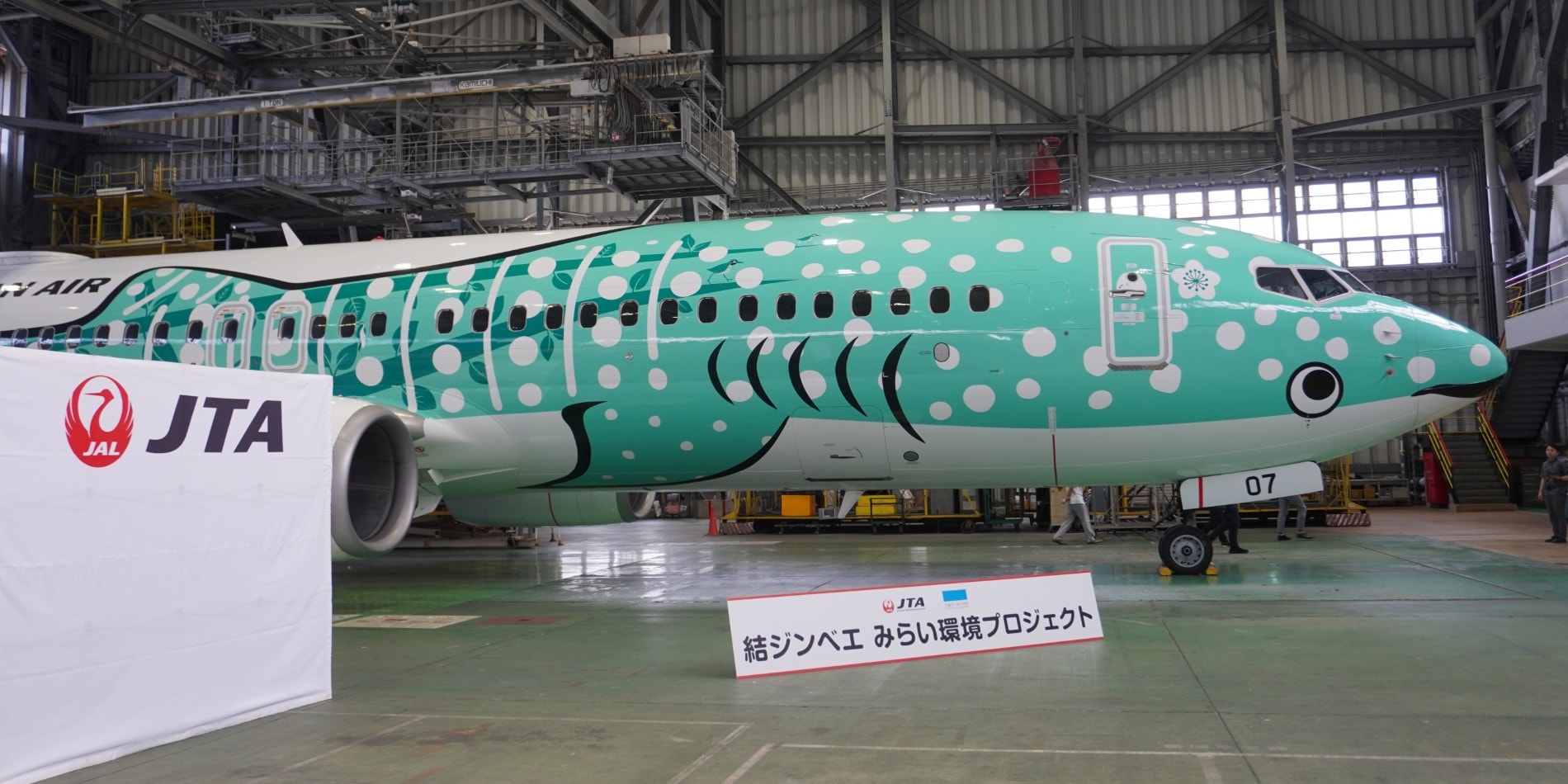 Jimbee Jet displayed in hanger with JAL signs, featuring a stylized whale shark design extending from the nose of the aircraft to the tail.