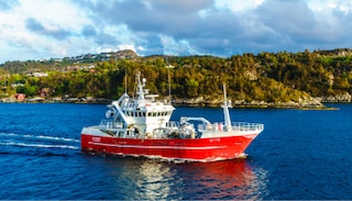 Red fishing vessel sailing in calm coastal waters with rocky shoreline in the background.