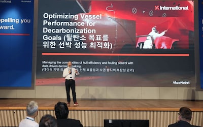 Barry Kidd, Vessel Performance Manager at International Marine Coatings, presenting “Optimizing Vessel Performance for Decarbonization Goals” during Kormarine 2025.