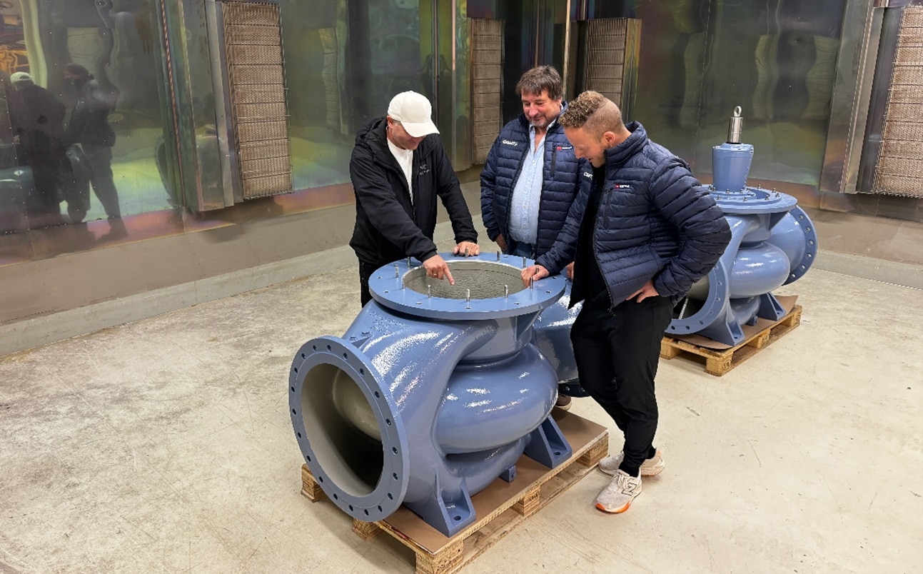 Team from Westing and Dalen Industriservice inspecting refurbished seawater pumps protected with Interline 984 coating from International Protective Coatings.
