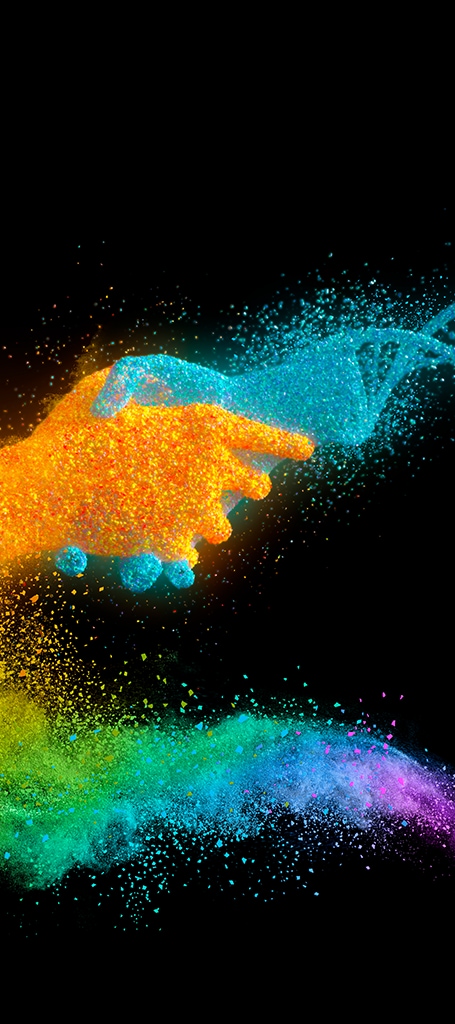 Powder particles forming a handshake