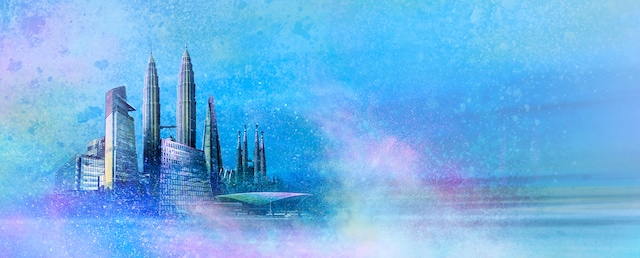 City skyline illustration with vibrant blue and purple tones