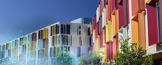 Colorful building facade coated with powder coatings