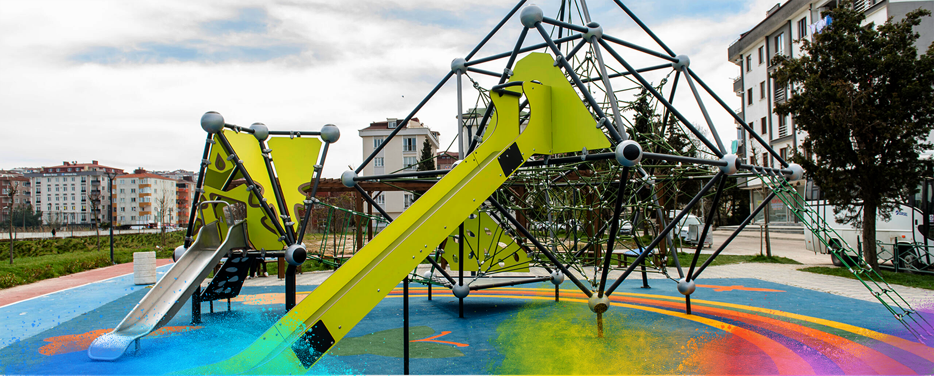 Yellow children playground coated with powder coating