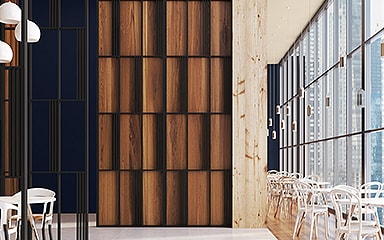 Modern interior cafe with white chairs, wooden panels, and full-height city view windows.