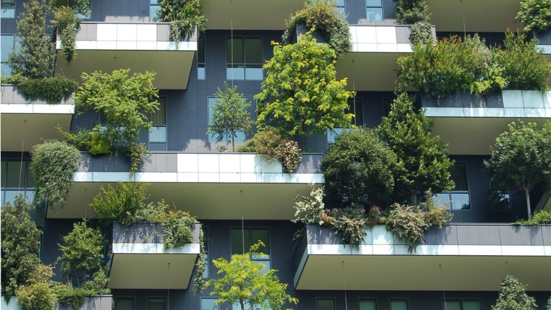 Building façade with plant‑filled balconies