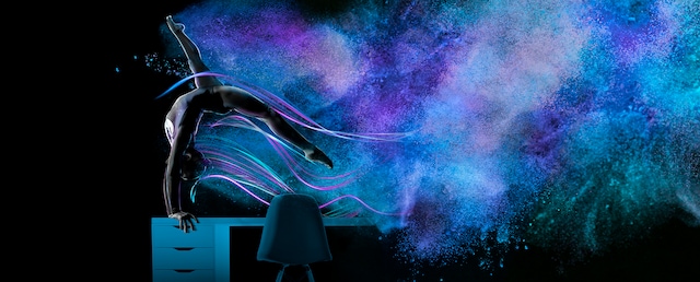 Abstract blue and purple powder burst with modern furniture.