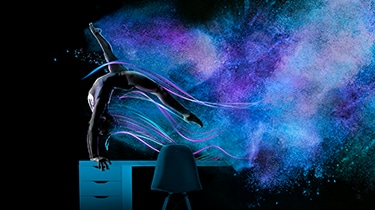 Abstract blue and purple powder burst with modern furniture.