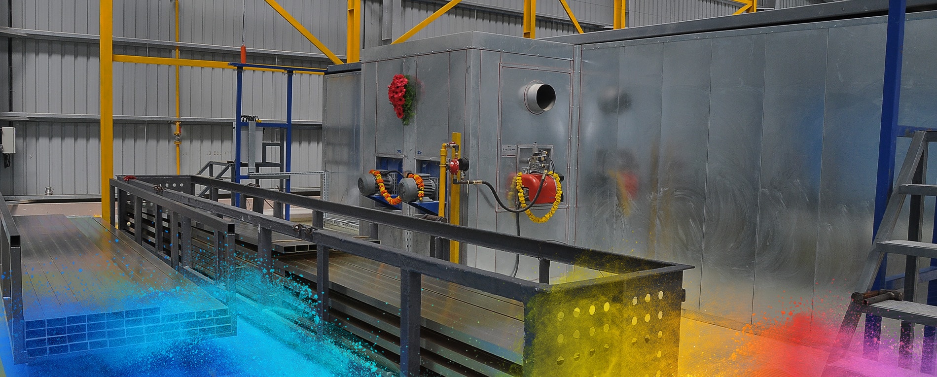 Powder coating line inside a modern industrial coating facility