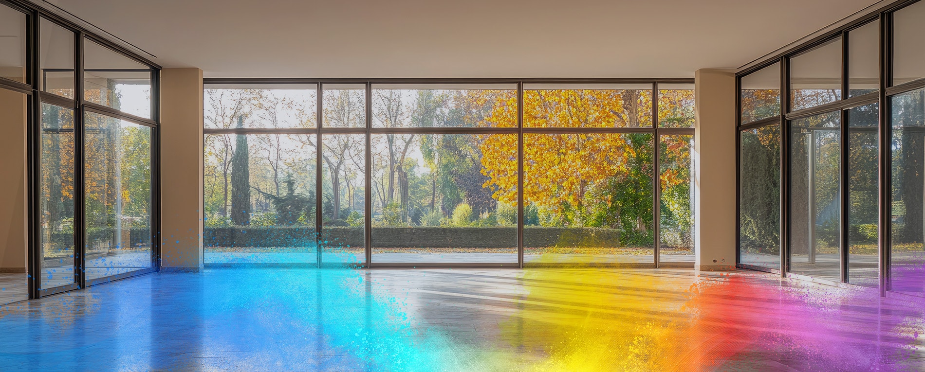 Sunlit room with large windows and a bright, modern interior.