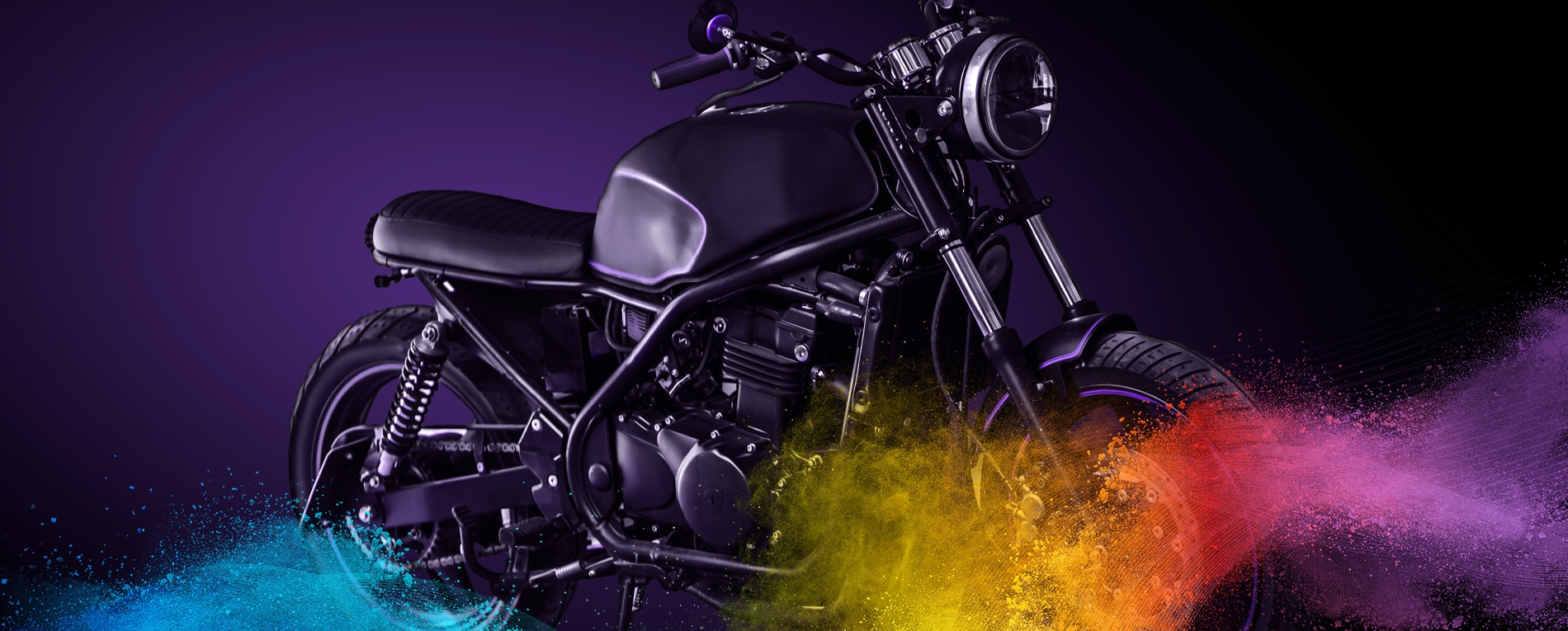 Black motorbike body and wheels coated in powder coatings