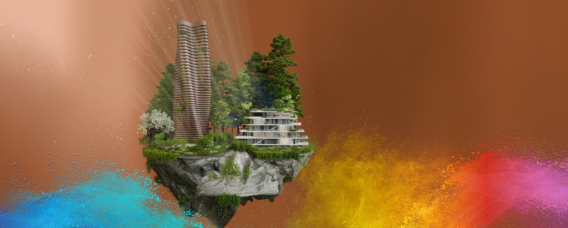 Floating island with modern architectural tower and house, surrounded by trees and greenery.