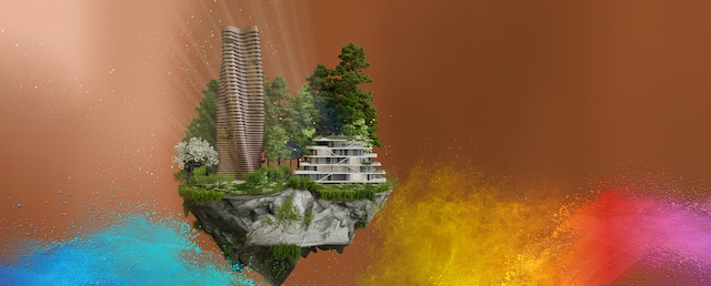 Floating island with modern architectural tower and house, surrounded by trees and greenery.