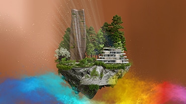 Floating island with modern architectural tower and house, surrounded by trees and greenery.