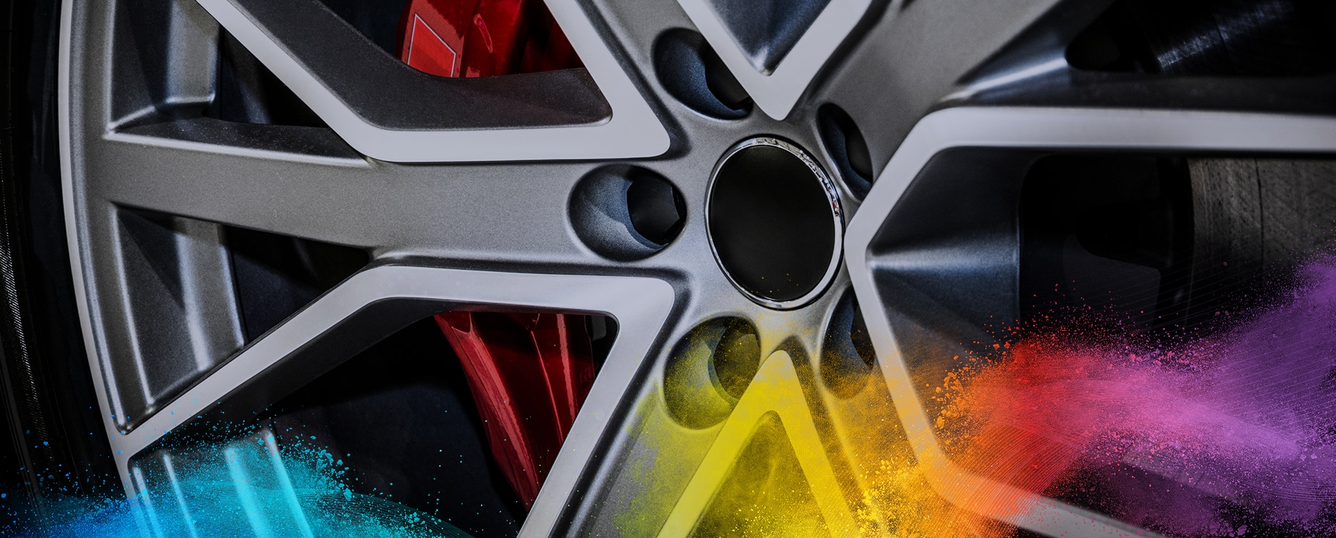 Colorful wheel coated in powder coatings