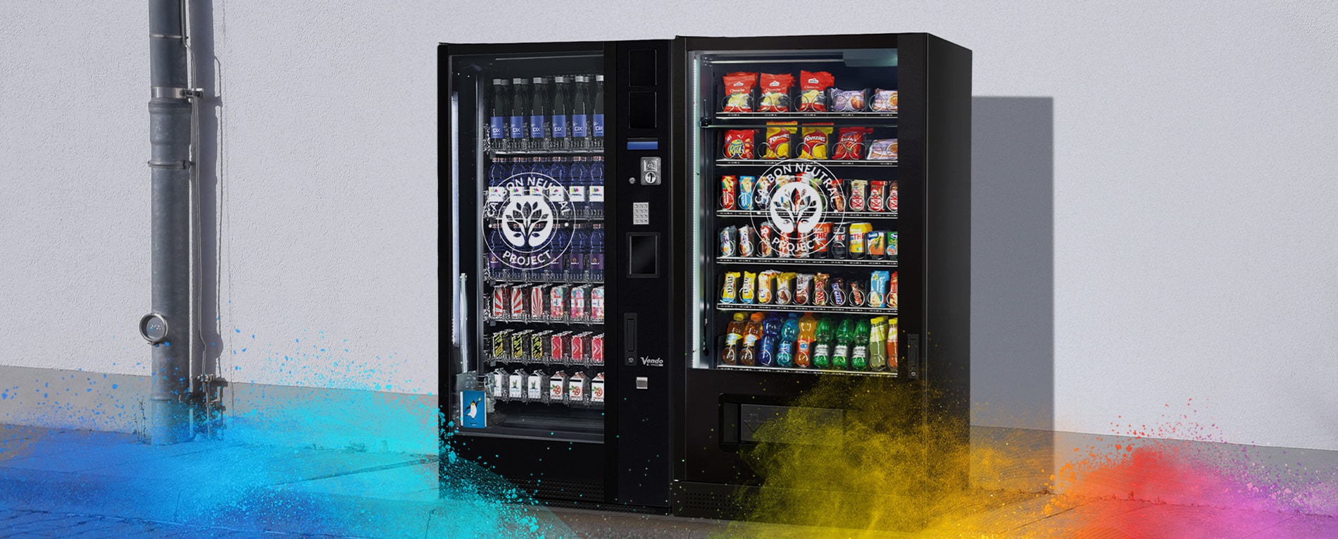 Black vending machines with snacks and drinks