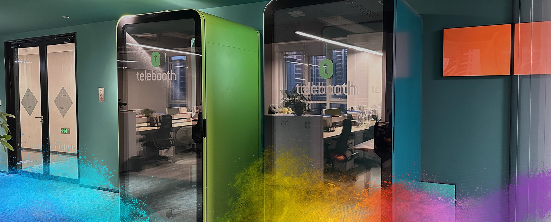 Two telephone booths indoor coated with green and blue powder coatings