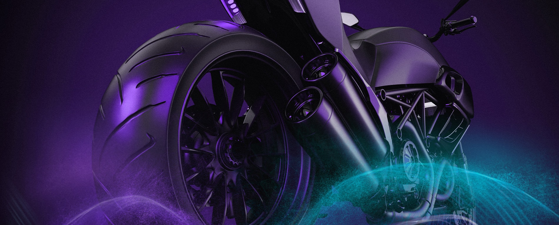 Rear view of a matte black motorcycle highlighting coated surfaces, including the exhaust, frame, and body panels