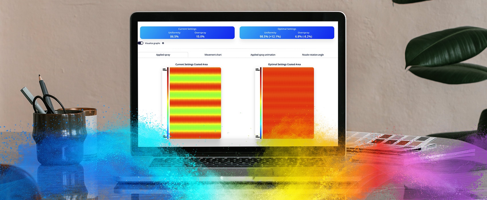 Laptop displaying AI-driven powder coating optimization software, showing efficiency comparison charts for coating application