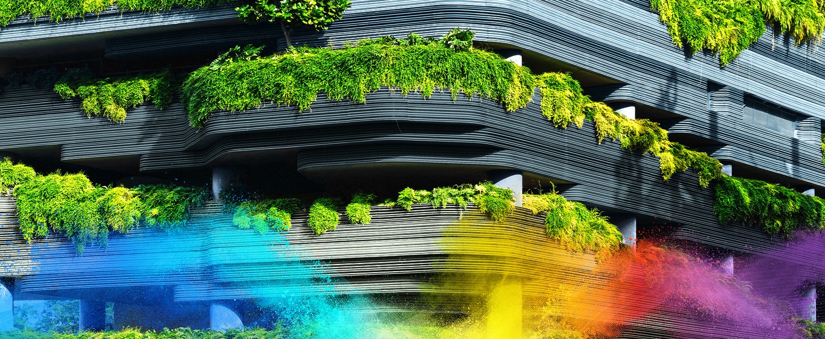 Green building with layered terraces featuring sustainable design