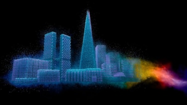 Powder coatings form a city skyline, showing colorful architectural finishes