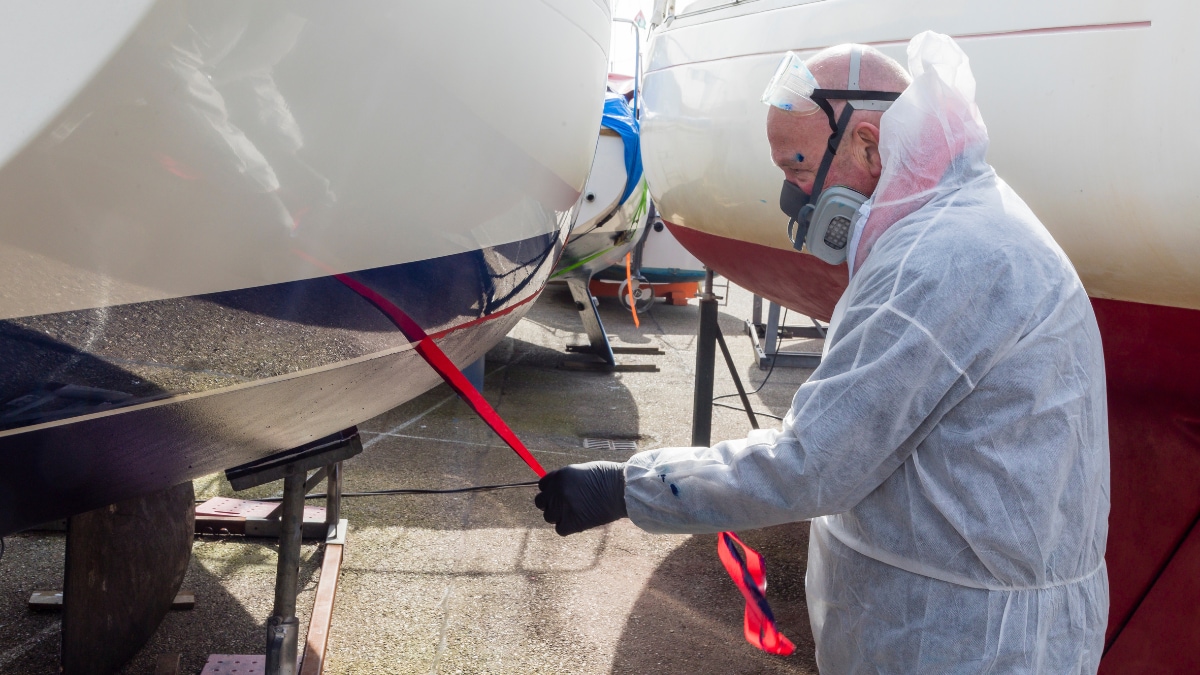 Eine Person in Schutzkleidung und Atemschutzmaske entfernt Abklebeband von der Wasserlinie eines Bootsrumpfs in einer Werft.