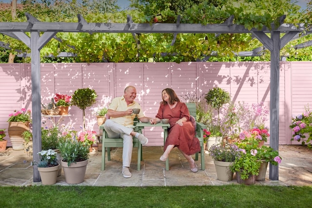 Image of a couple enjoying lunch in their garden painted with Cuprinol