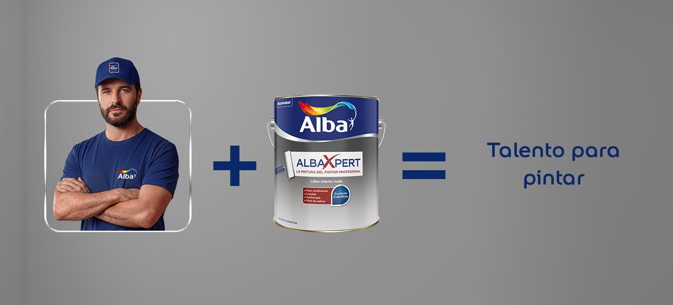 Pintor con uniforme Alba más lata de AlbaXpert forman el mensaje “Talento para pintar” sobre fondo gris.