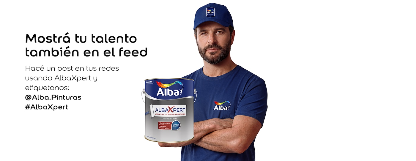 Pintor con uniforme Alba sostiene lata AlbaXpert junto a texto que invita a compartir trabajos y etiquetar @Alba.Pinturas #AlbaXpert.