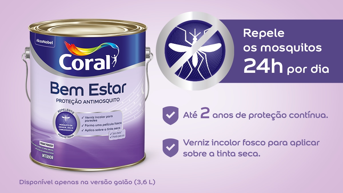 O Coral Proteção Antimosquito repele o mosquito Aedes aegypti 24 horas por dia, por dois anos