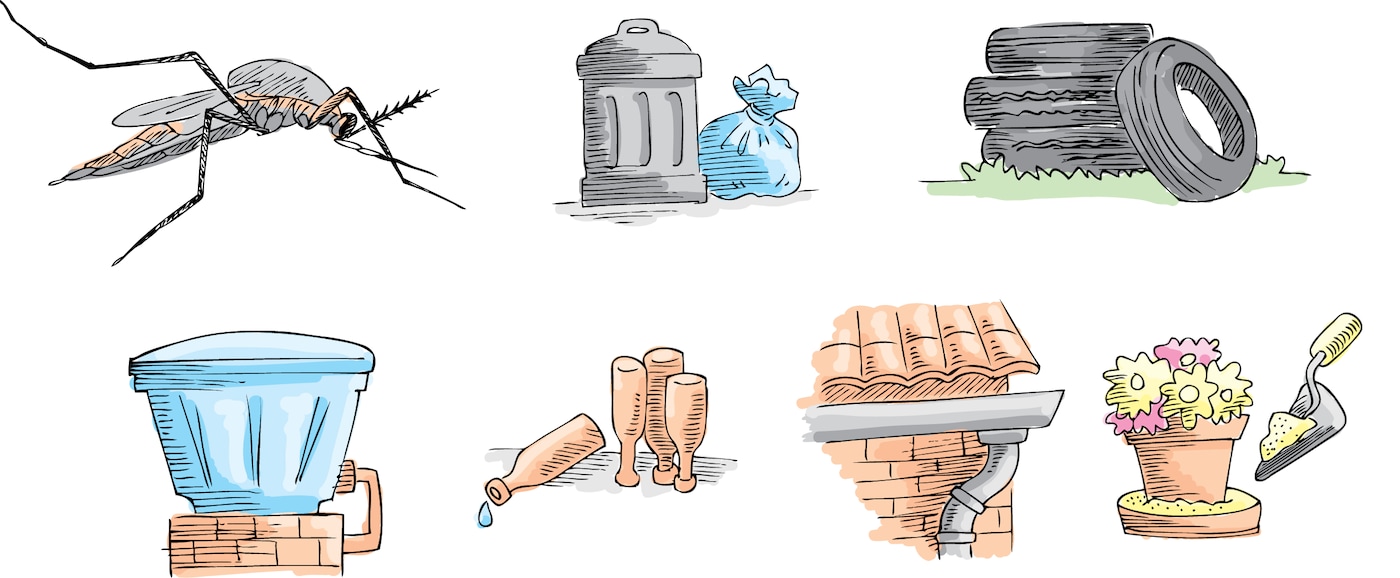 Ilustrações de formas de prevenção ao mosquito transmissor da dengue, zika e chikungunya