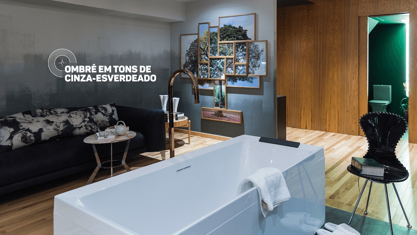 Lounge da Sala de Banho por Paula Leme e Luciana Bicheri | Ombré em Tons de Cinza-Esverdeado.